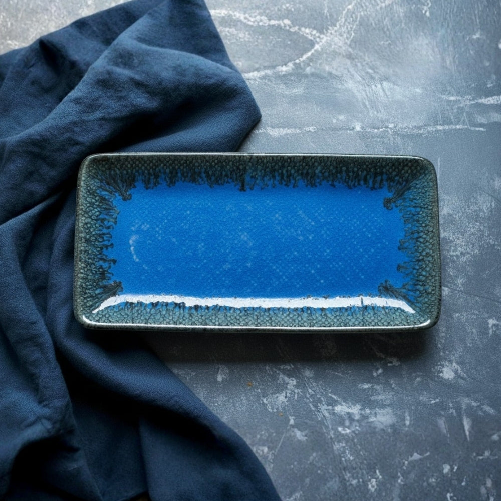 sapphire blue ceramic rectangular 32cm platter set of 2 with smooth glazed finish for serving snacks and appetizers
